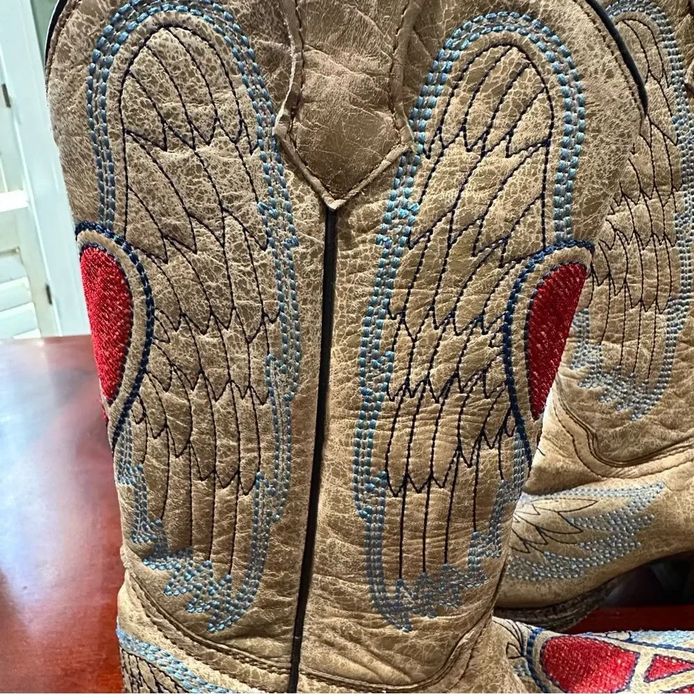 Corral Tan Leather Kids Cowboy Boots with Red Heart and Blue Wing Embroidery